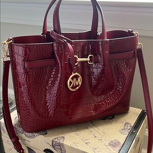 Michael Kors Deep Red Croc-Embossed Leather Tote with Gold Hardware